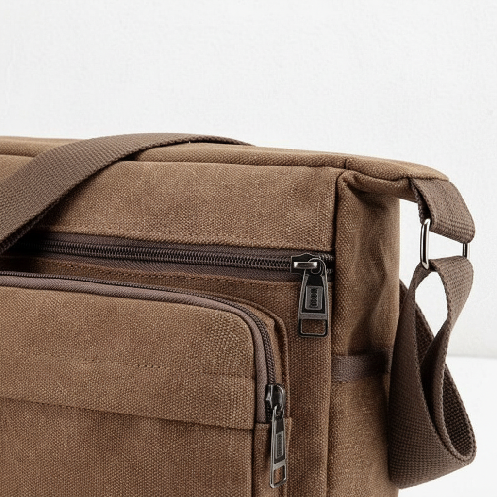 Bolso bandolera de lona — correa ajustable, bolsillos con cremallera
