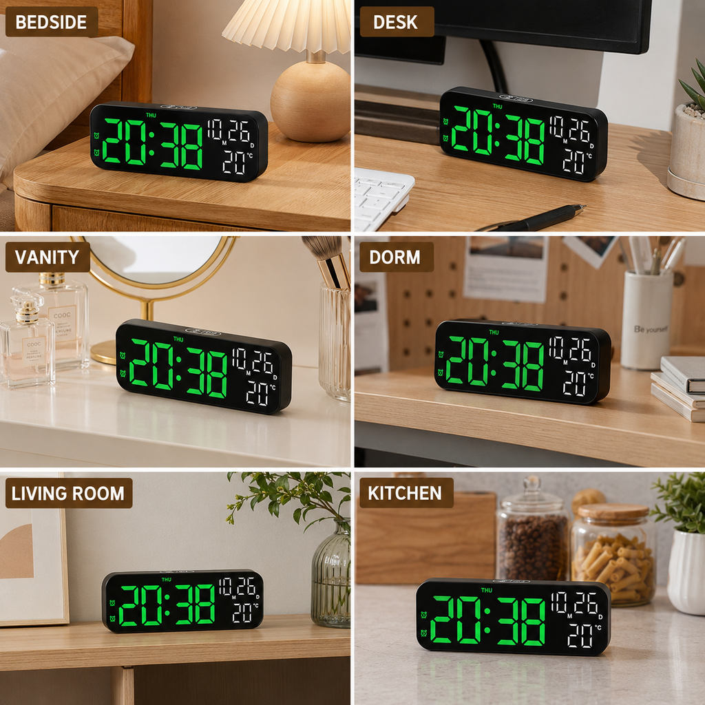 Ceas deșteptător digital cu LED — afișaj pentru temperatură și dată, comandă vocală, două alarme