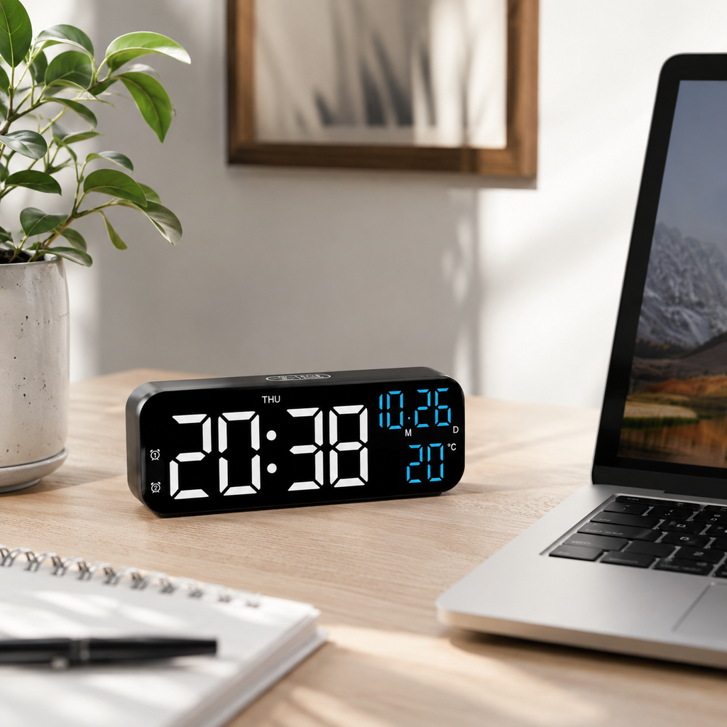 Ceas deșteptător digital cu LED — afișaj pentru temperatură și dată, comandă vocală, două alarme