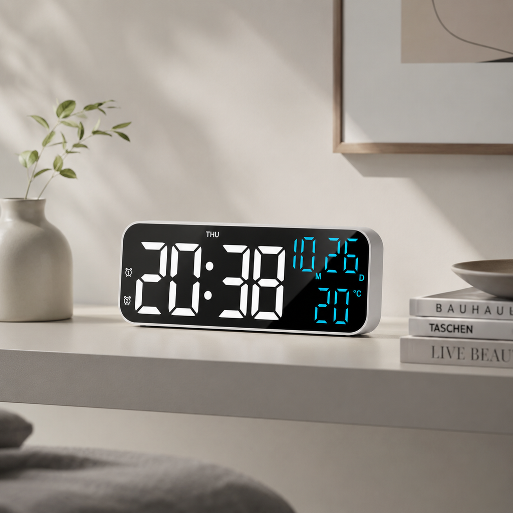 Ceas deșteptător digital cu LED — afișaj pentru temperatură și dată, comandă vocală, două alarme