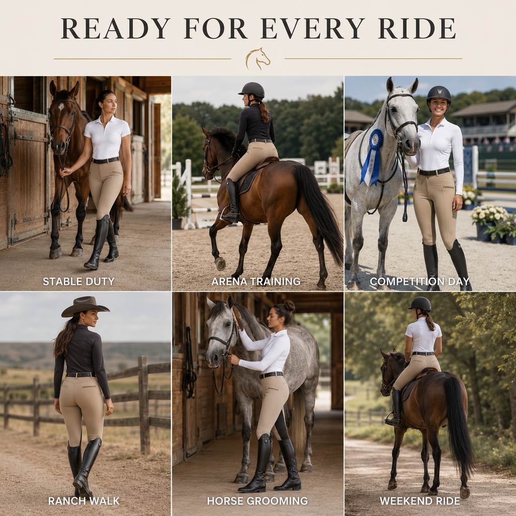 Women's Stretch Equestrian Pants — Contrast Panels, Zip Pockets