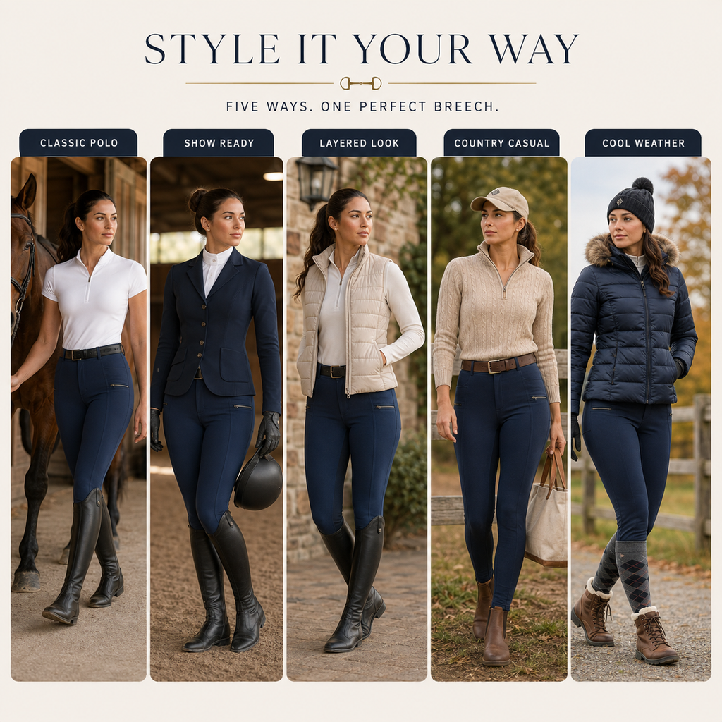 Women's Stretch Equestrian Pants — Contrast Panels, Zip Pockets