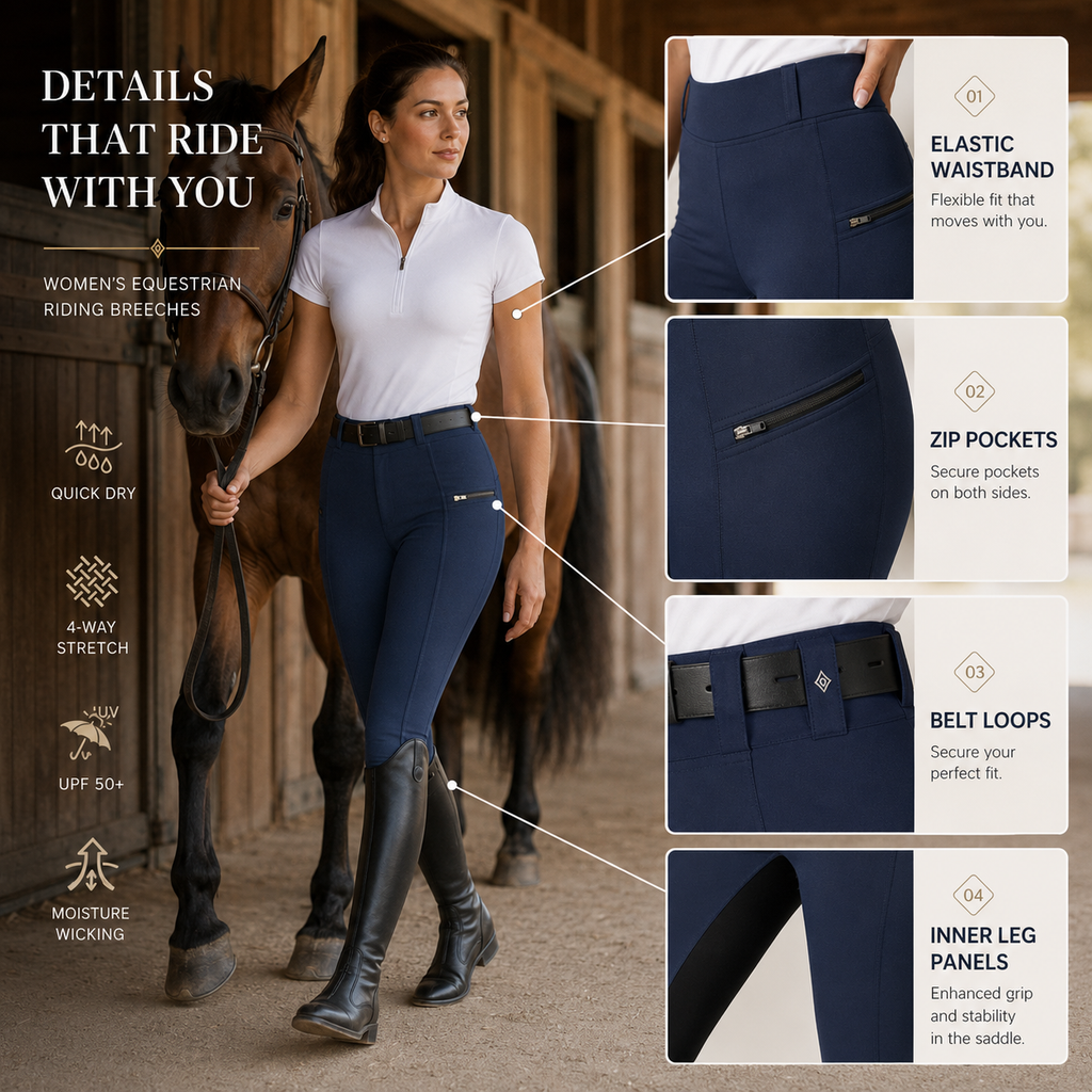 Women's Stretch Equestrian Pants — Contrast Panels, Zip Pockets