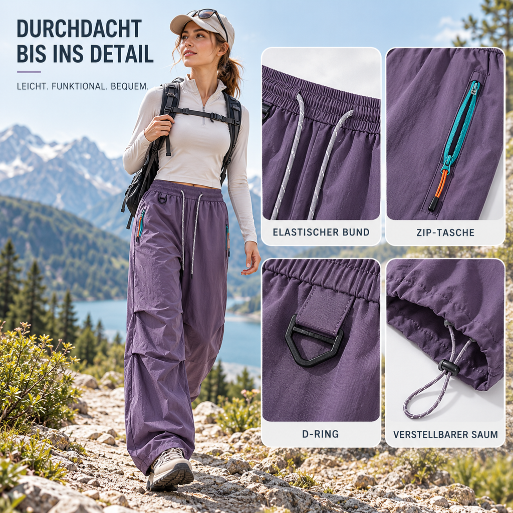 Water-Resistant Wide-Leg Hiking Pants — Adjustable Waist & Cuffs
