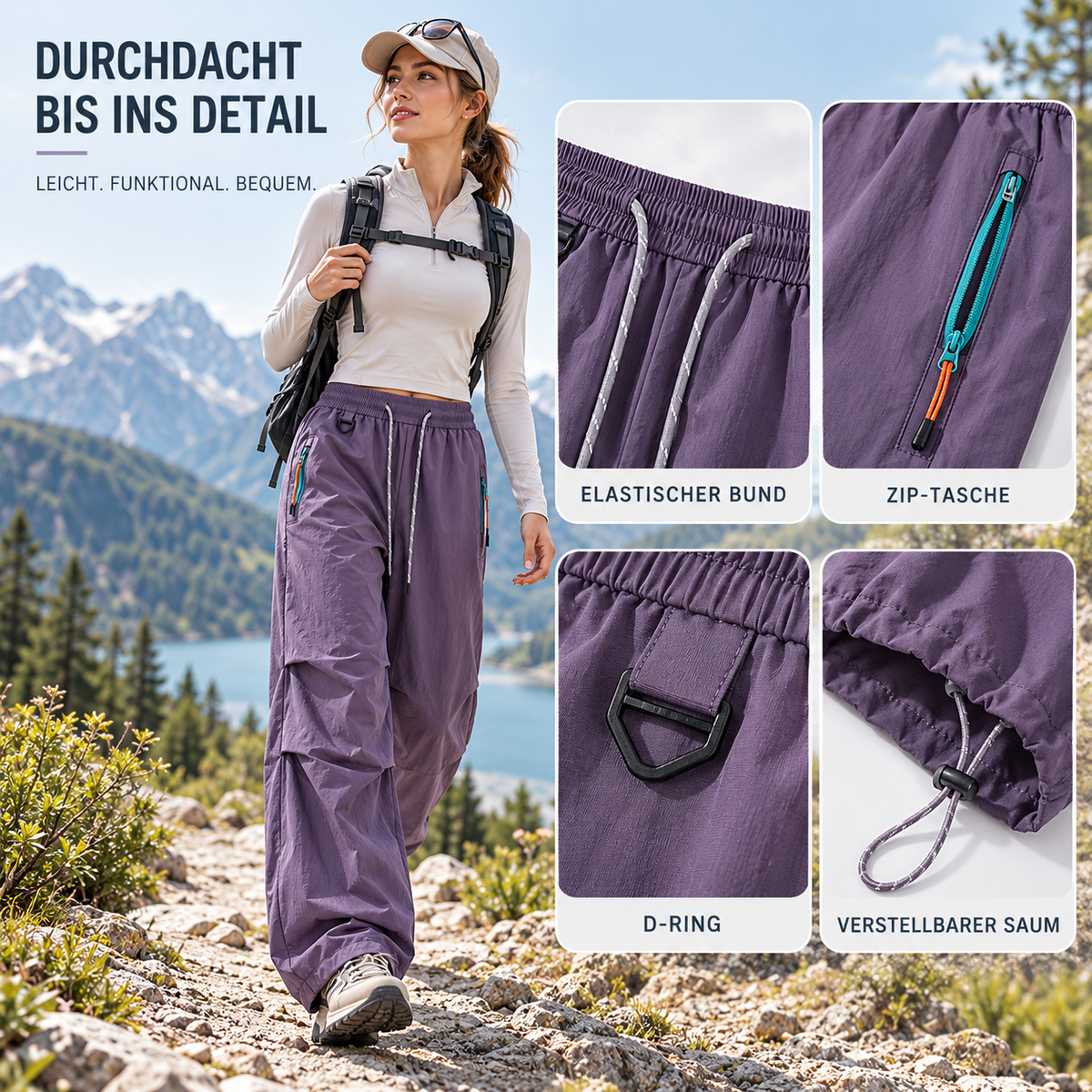 Water-Resistant Wide-Leg Hiking Pants — Adjustable Waist & Cuffs