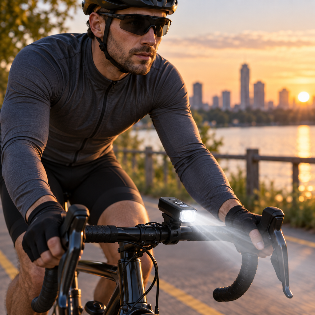 Rechargeable Bike Headlight — Auto-Sensing, Digital Battery Display