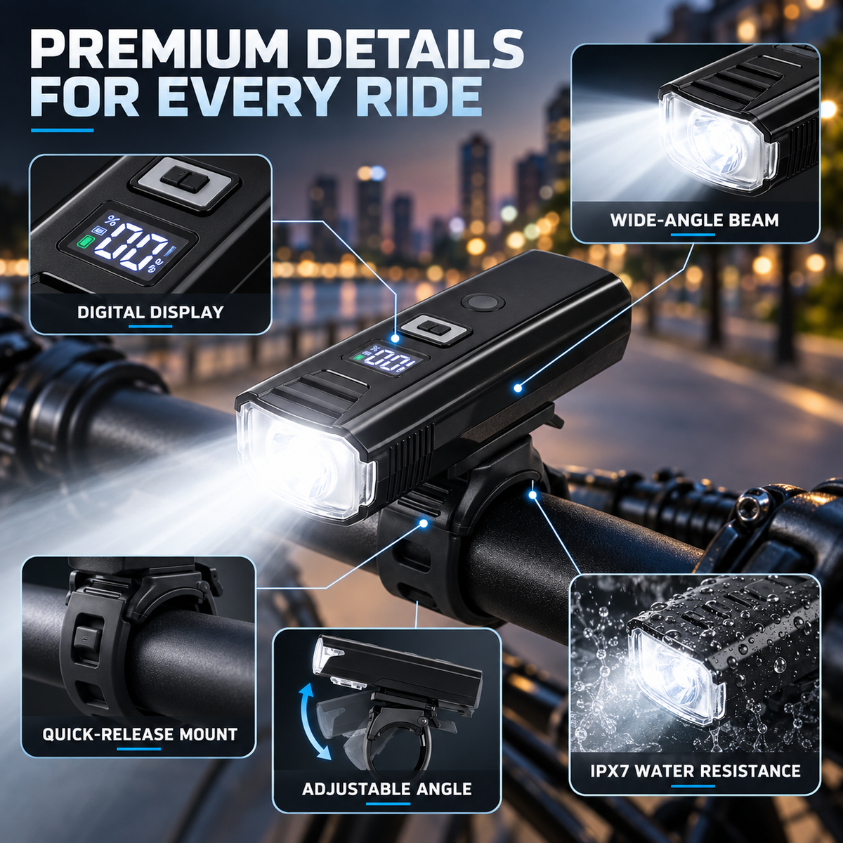 Rechargeable Bike Headlight — Auto-Sensing, Digital Battery Display