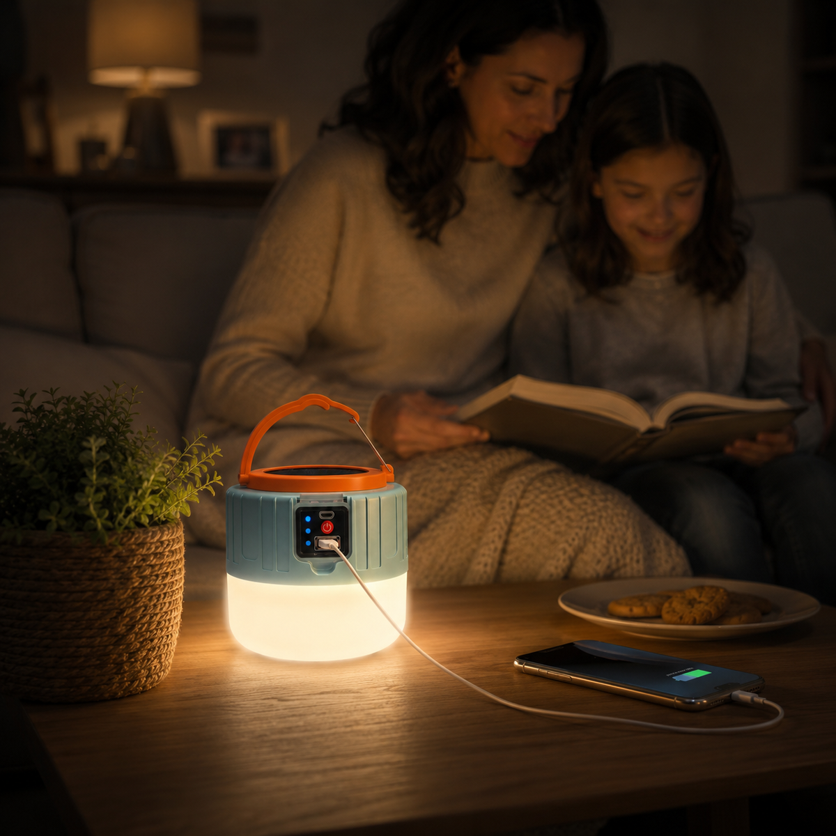 Solární/USB dobíjecí LED lucerna — dálkové ovládání, voděodolná, nabíječka telefonu