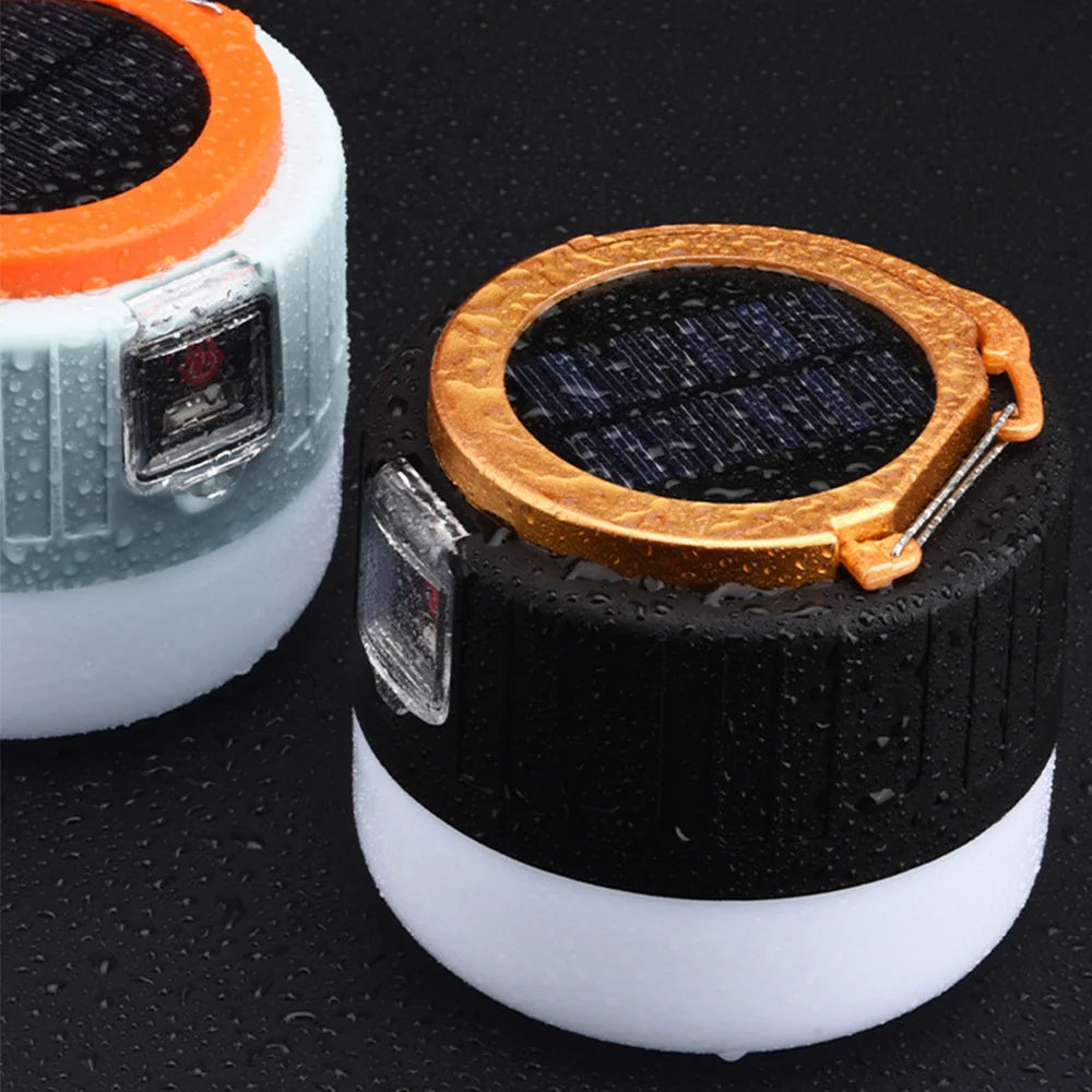 Solární/USB dobíjecí LED lucerna — dálkové ovládání, voděodolná, nabíječka telefonu