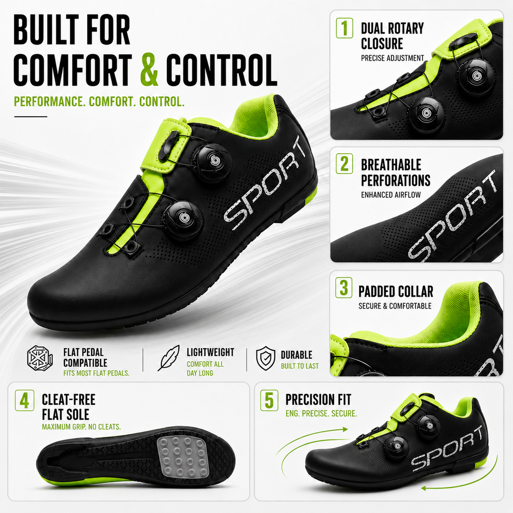 Chaussures de vélo à pédales plates à double molette - adhérence sans cale, ajustement rapide