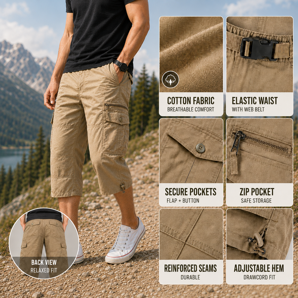 Men's Capri-Length Hiking Shorts — Multiple Cargo Pockets