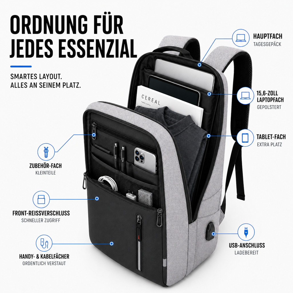 Water-Resistant Laptop Backpack — USB Port, Padded 15.6-Inch Sleeve