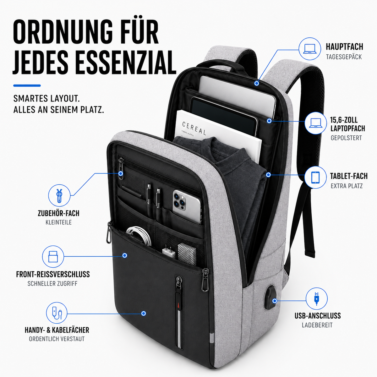 Water-Resistant Laptop Backpack — USB Port, Padded 15.6-Inch Sleeve