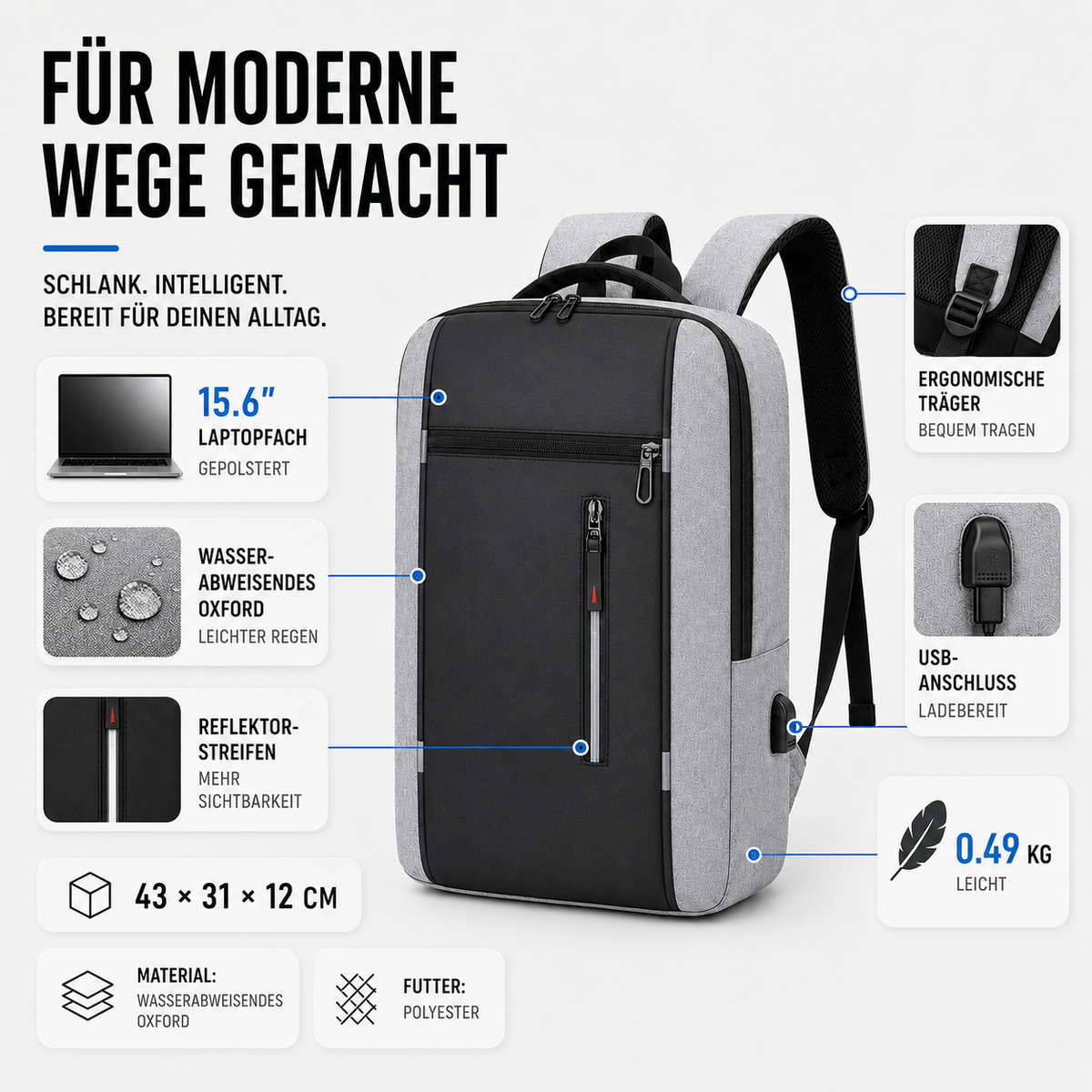 Water-Resistant Laptop Backpack — USB Port, Padded 15.6-Inch Sleeve