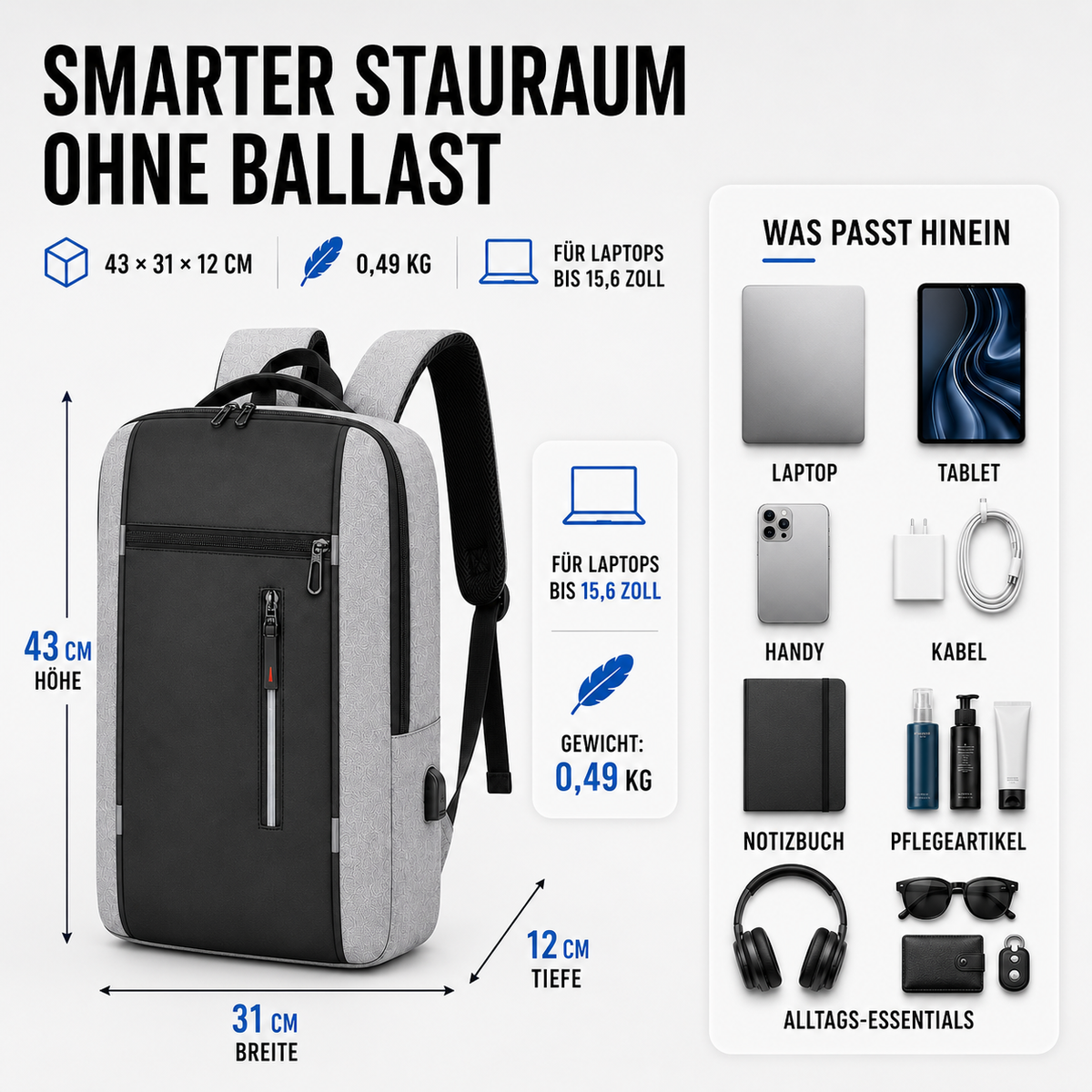 Water-Resistant Laptop Backpack — USB Port, Padded 15.6-Inch Sleeve