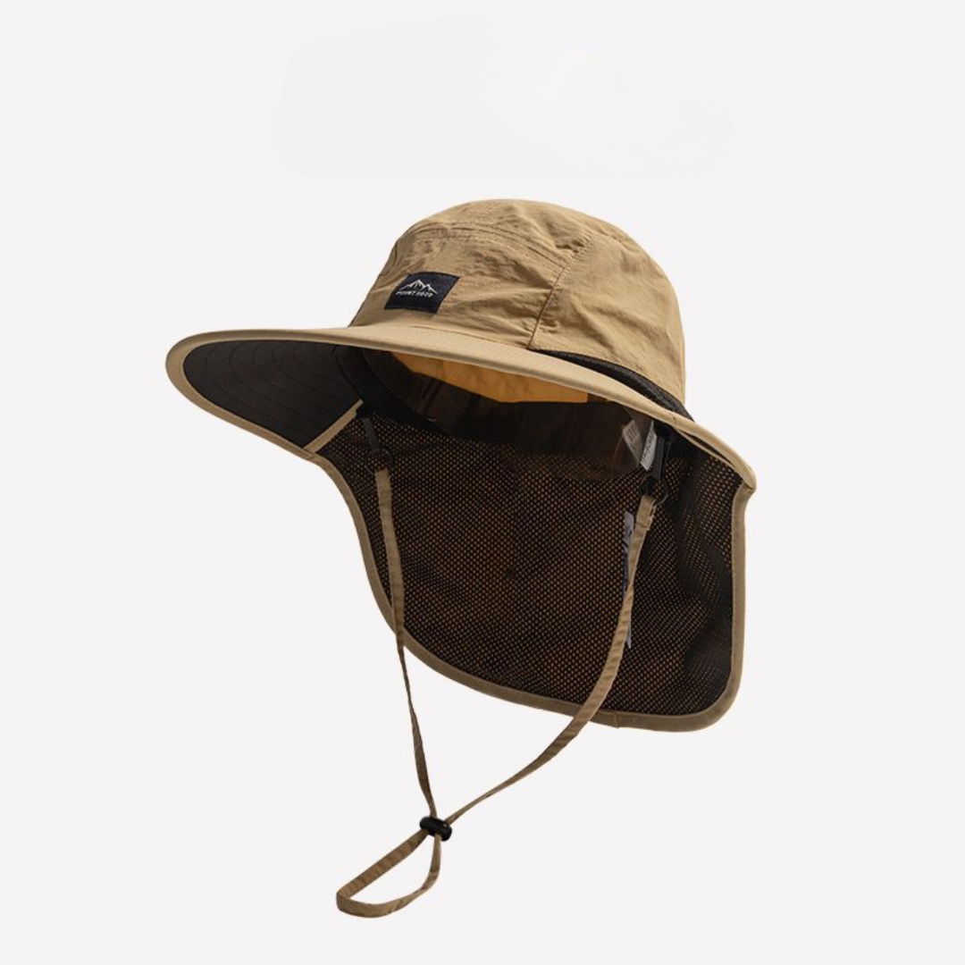 Chapeau de pêche à large bord — protection rabattable en maille UPF 50+ pour le cou et les oreilles