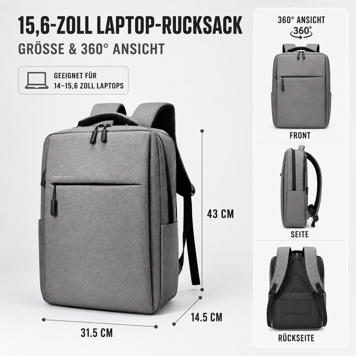 Mochila urbana resistente al agua con funda acolchada para portátil de 15.6 pulgadas