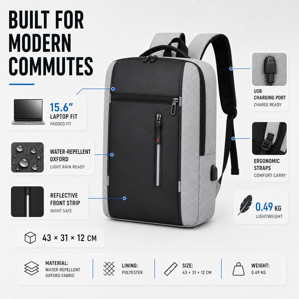 Mochila impermeable para portátil de 15.6 pulgadas — puerto USB de carga acolchado