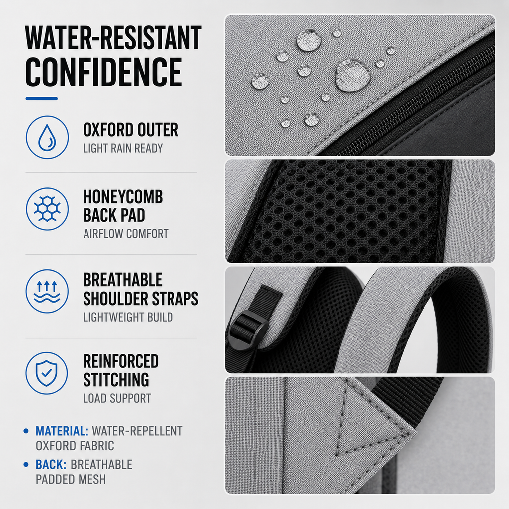 Mochila impermeable para portátil de 15.6 pulgadas — puerto USB de carga acolchado