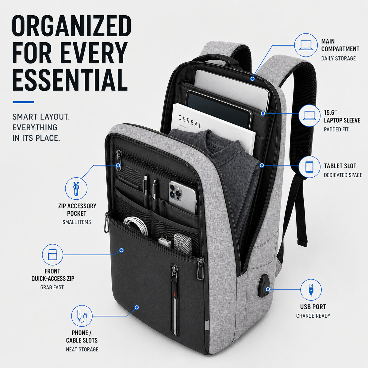 Mochila impermeable para portátil de 15.6 pulgadas — puerto USB de carga acolchado