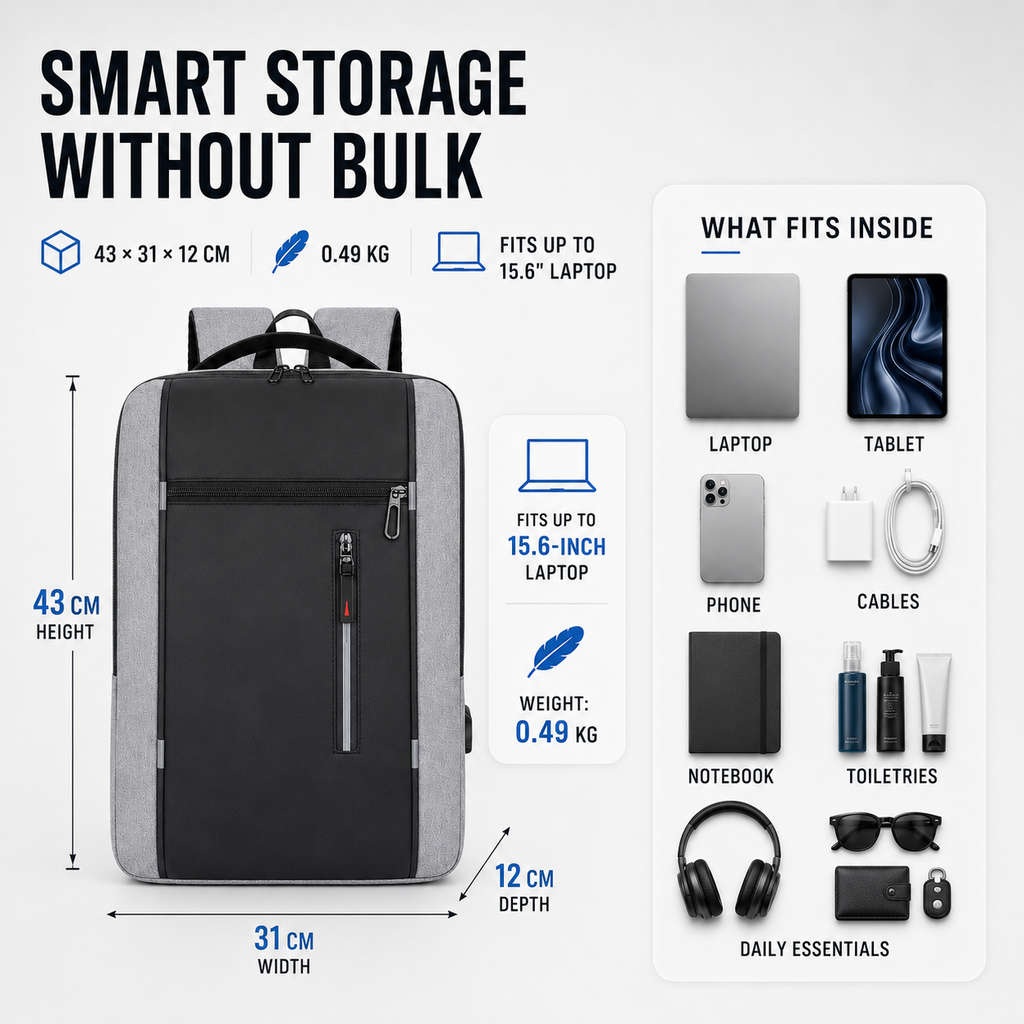Mochila impermeable para portátil de 15.6 pulgadas — puerto USB de carga acolchado