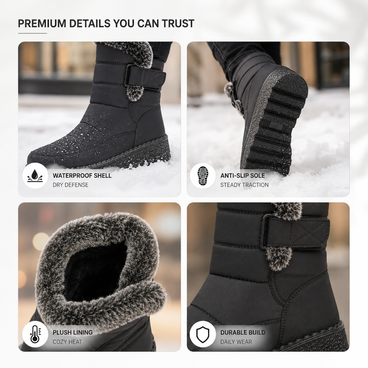 Botas de nieve impermeables para mujer — forro afelpado y suela antideslizante