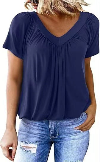 T-shirt à manches courtes et col en V pour femme, couleur unie