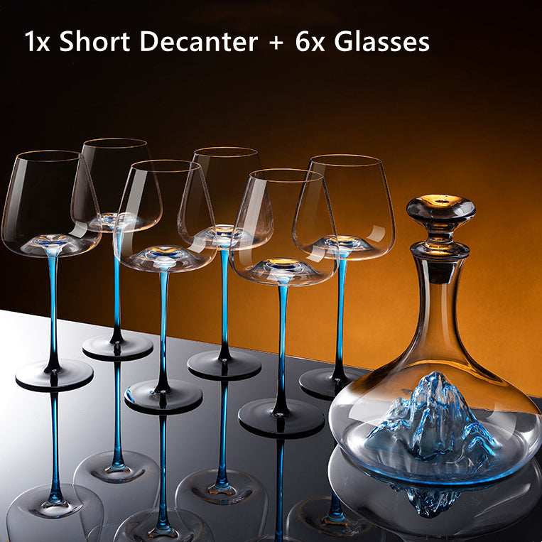 Set de pahare de vin și decantor, pictate manual, albastru cobalt, pentru vin roșu