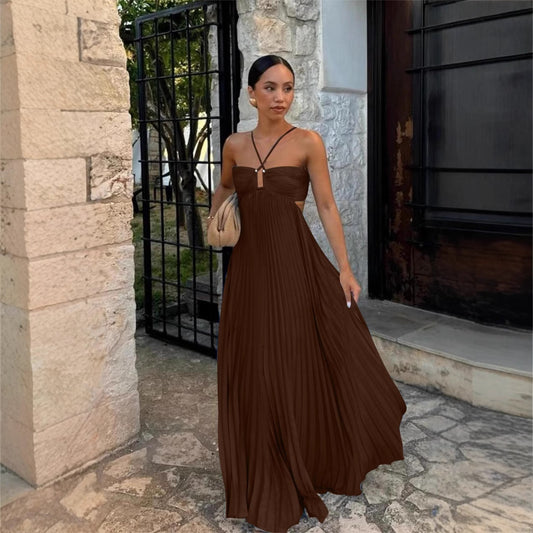 Robe tube plissée sans manches de couleur pure
