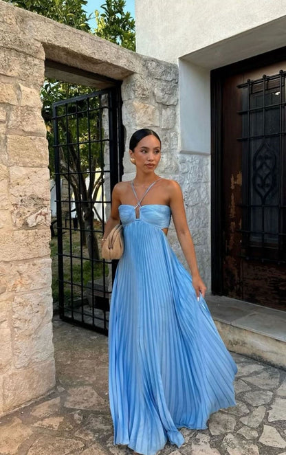 Robe tube plissée sans manches de couleur pure