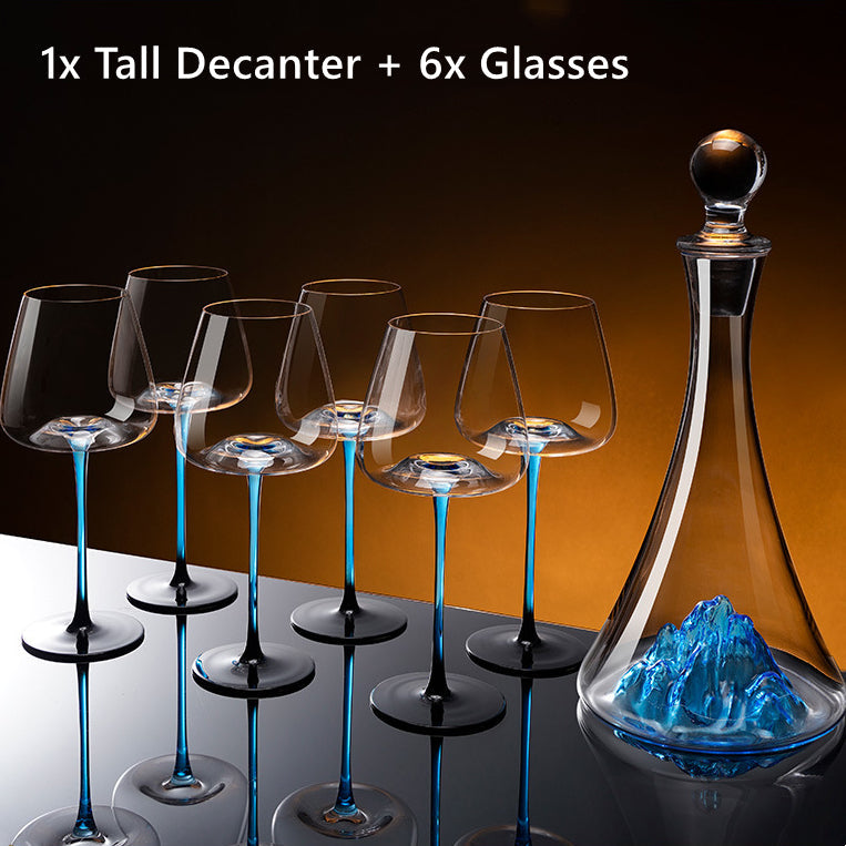 Set de pahare de vin și decantor, pictate manual, albastru cobalt, pentru vin roșu