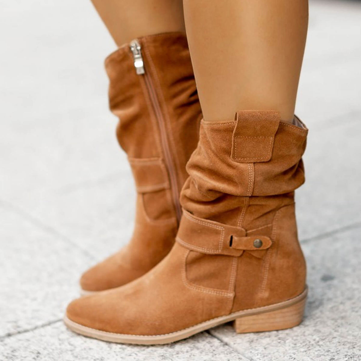 Women's Suede-Effect Low Heel Boots — Cushioned Insole, Non-Slip Sole