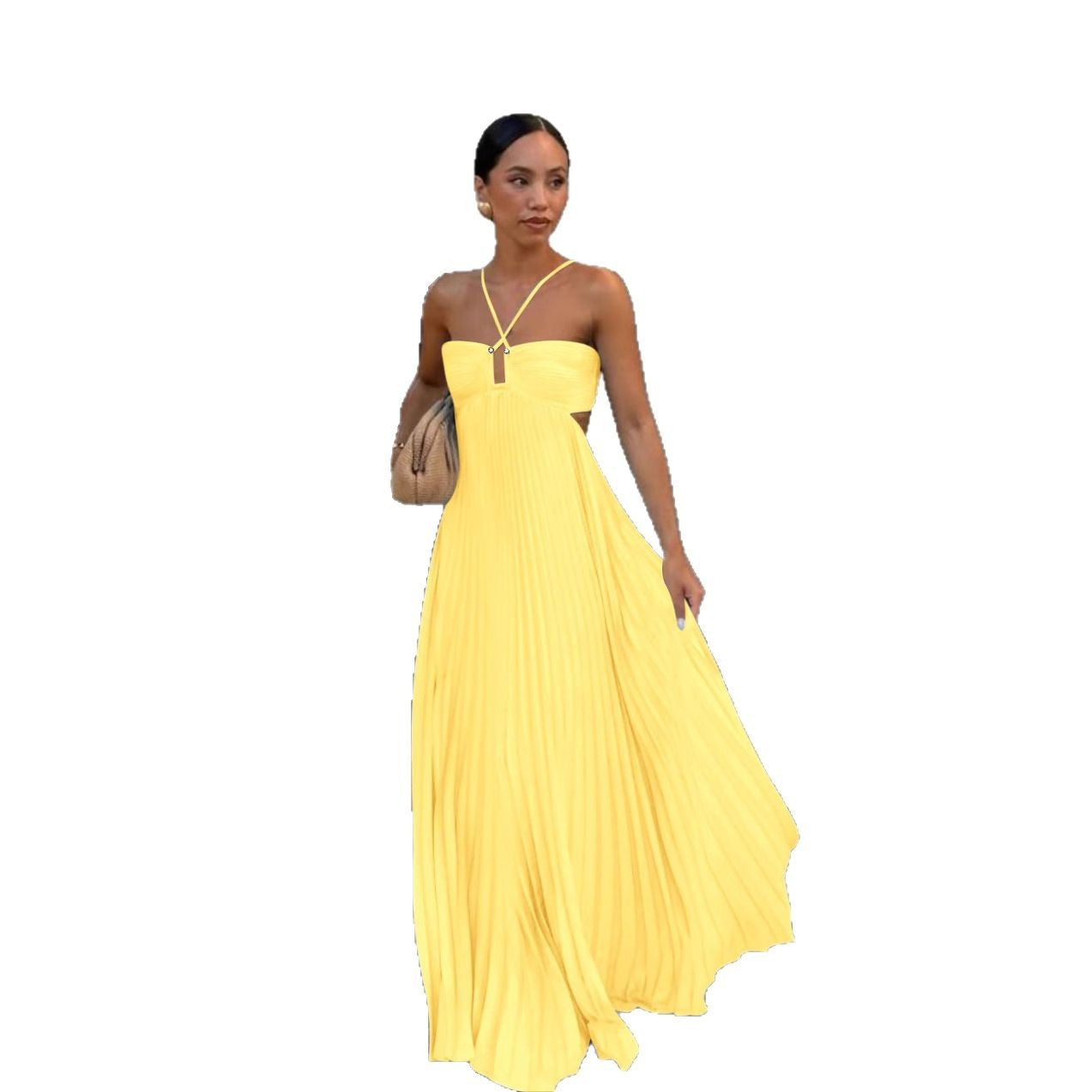 Robe tube plissée sans manches de couleur pure