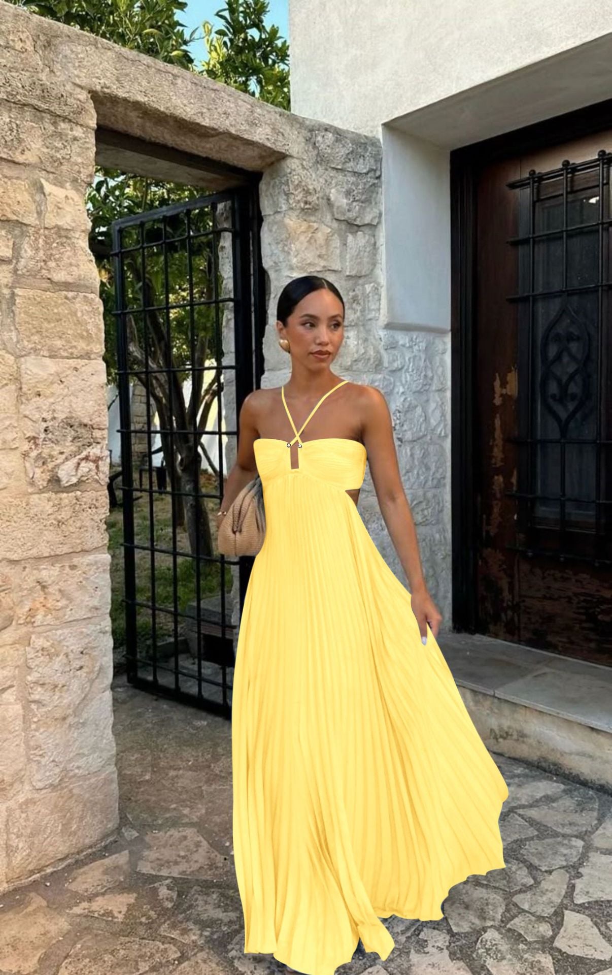 Robe tube plissée sans manches de couleur pure