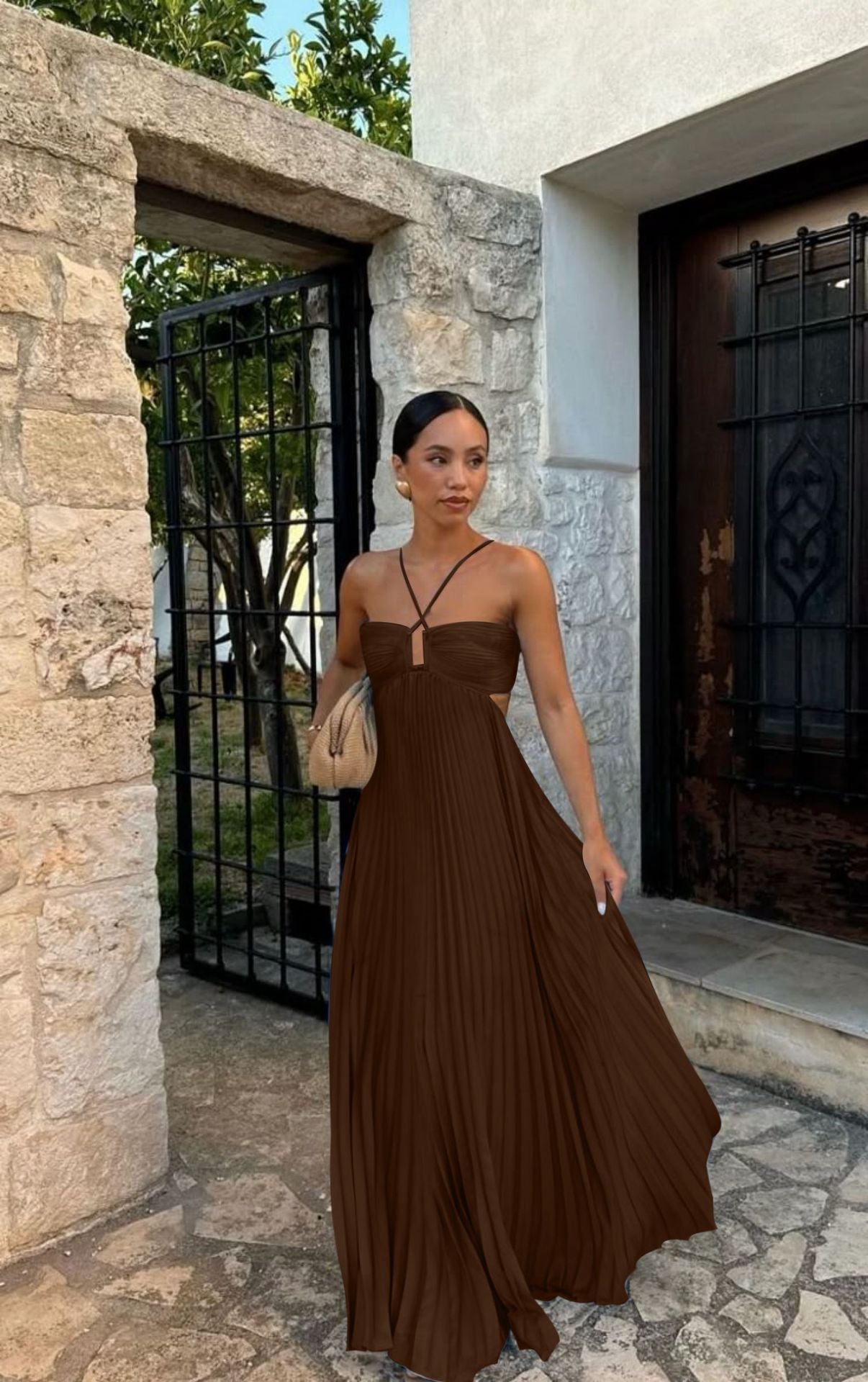 Robe tube plissée sans manches de couleur pure