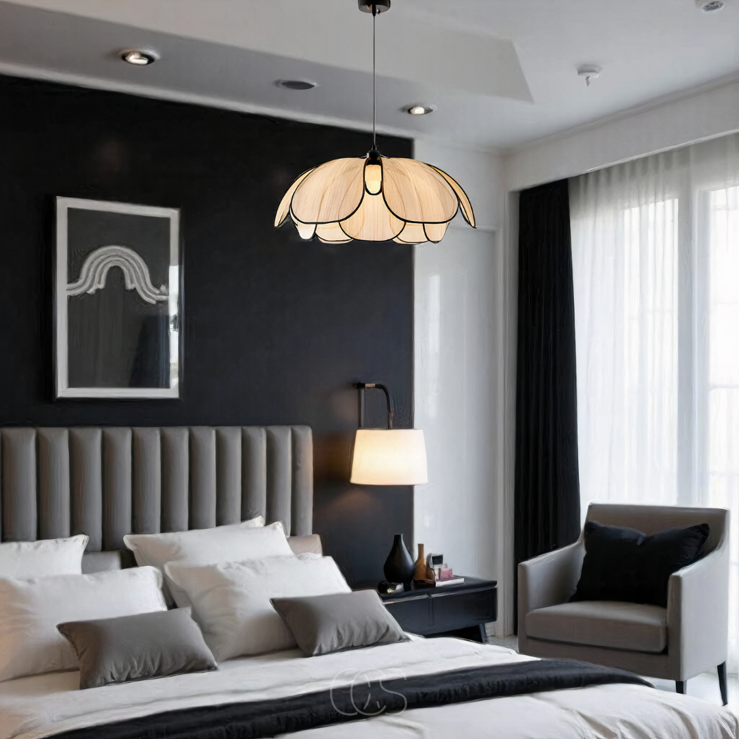 Blossom-Style Rattan Pendant Light With Black Accents