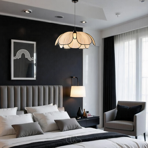 Blossom-Style Rattan Pendant Light With Black Accents