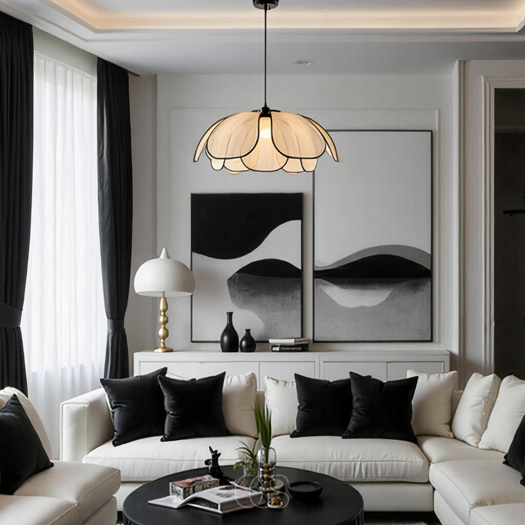 Blossom-Style Rattan Pendant Light With Black Accents