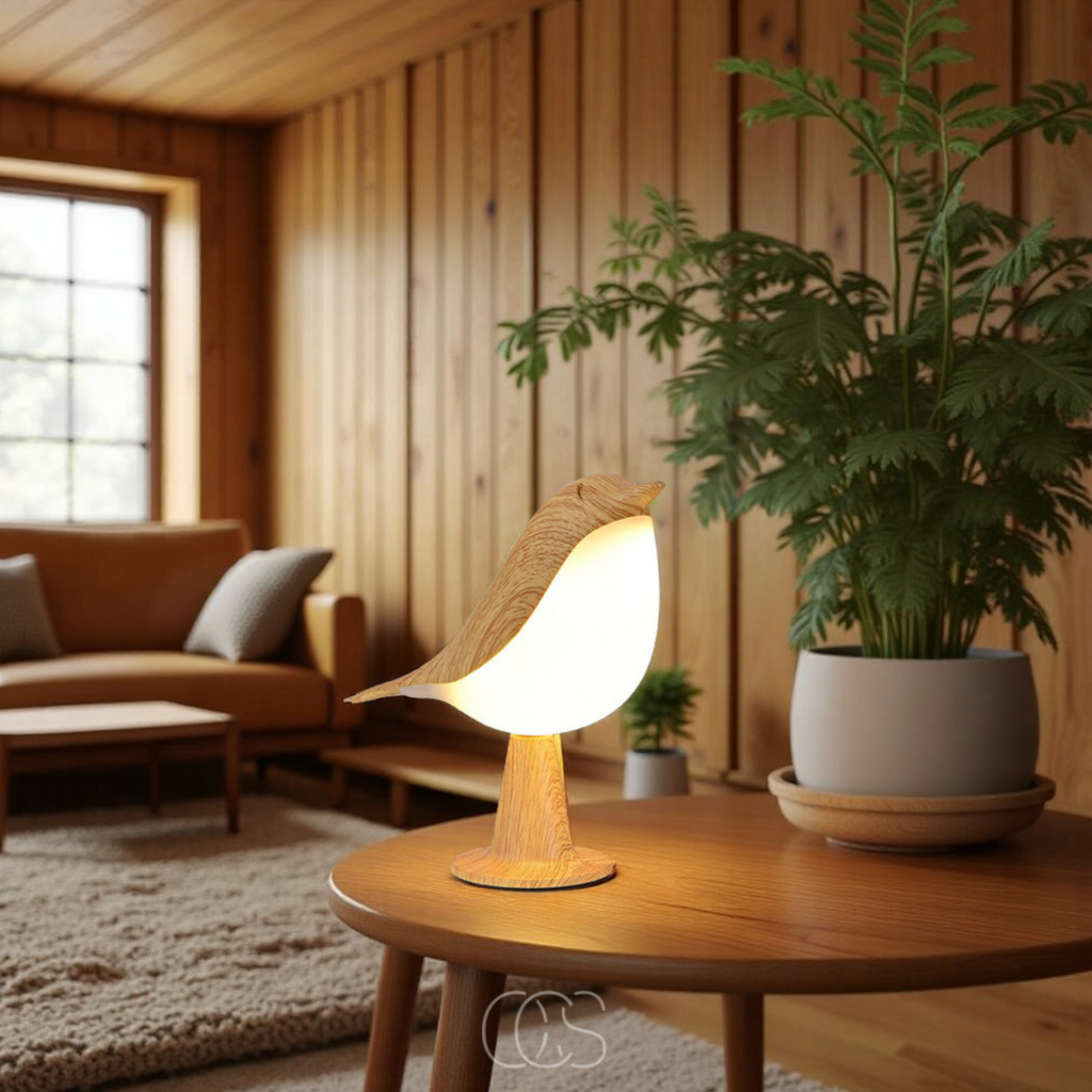 Wooden Bird Table Lamp With Wireless Warm Light For Home Decor