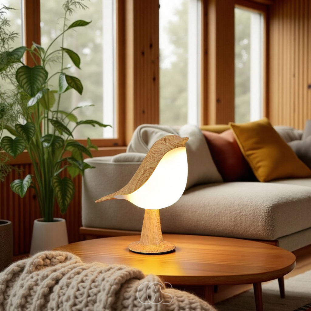 Wooden Bird Table Lamp With Wireless Warm Light For Home Decor
