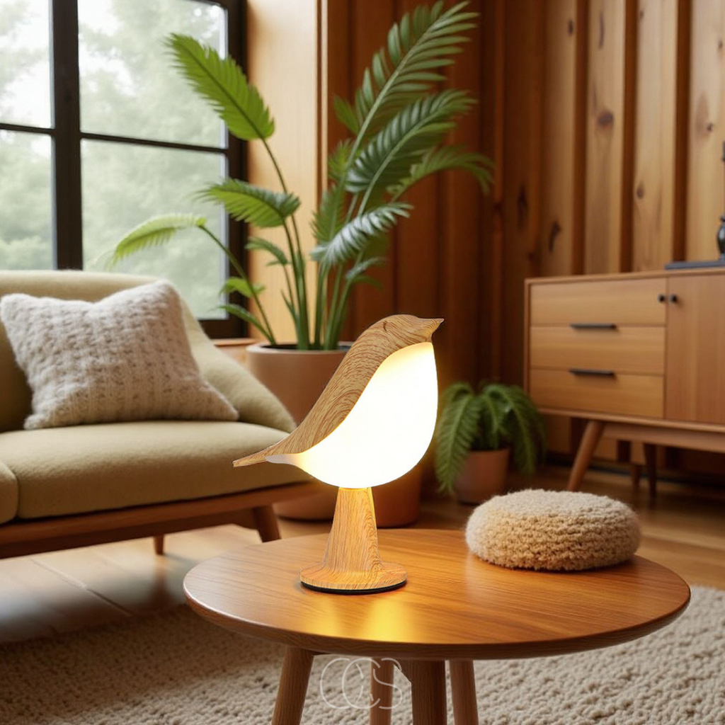 Wooden Bird Table Lamp With Wireless Warm Light For Home Decor