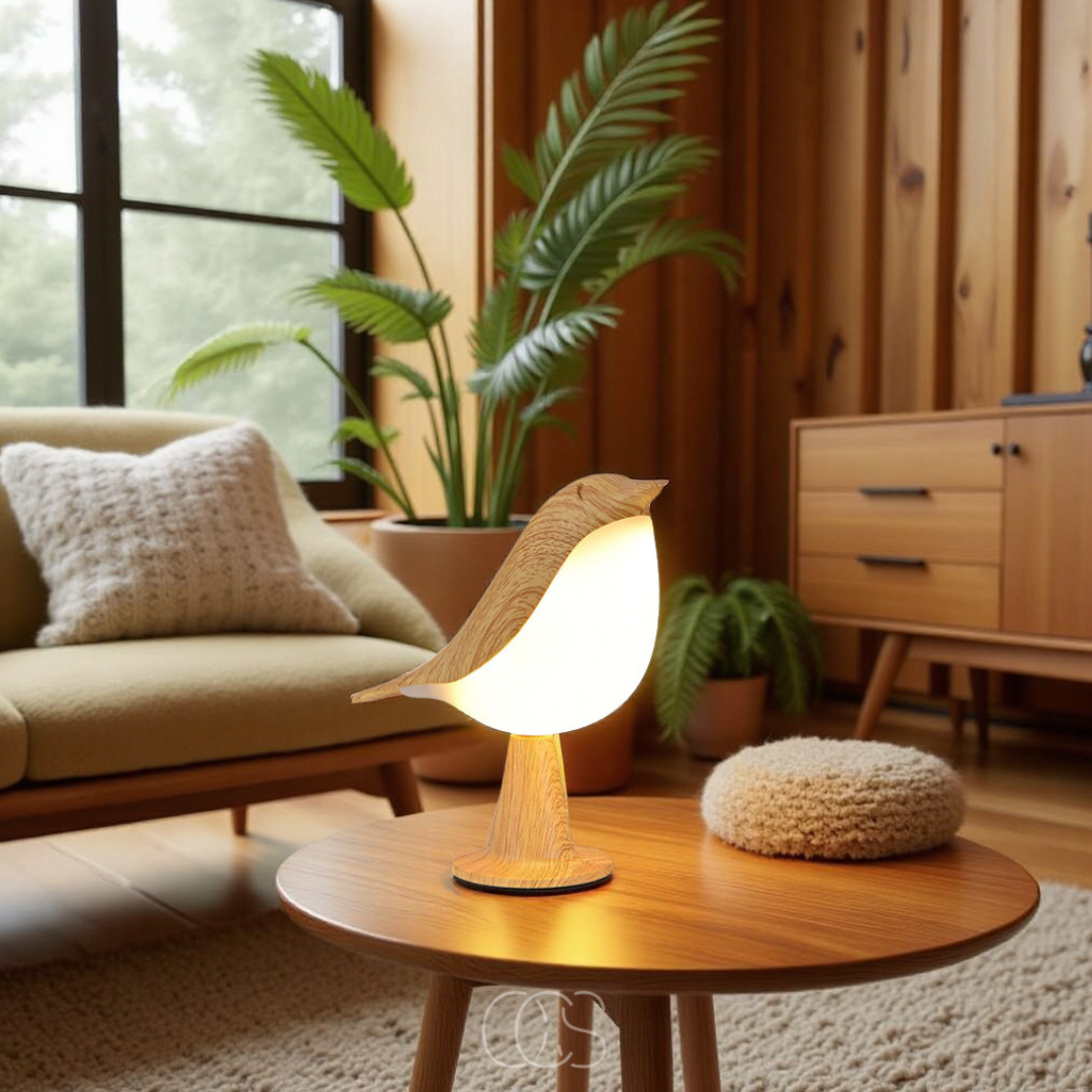 Wooden Bird Table Lamp With Wireless Warm Light For Home Decor