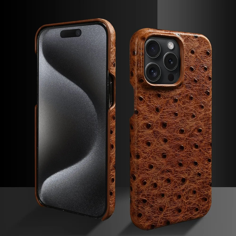 Capa de iPhone em couro genuíno de avestruz 14/15/16/17 — Proteção contra impactos