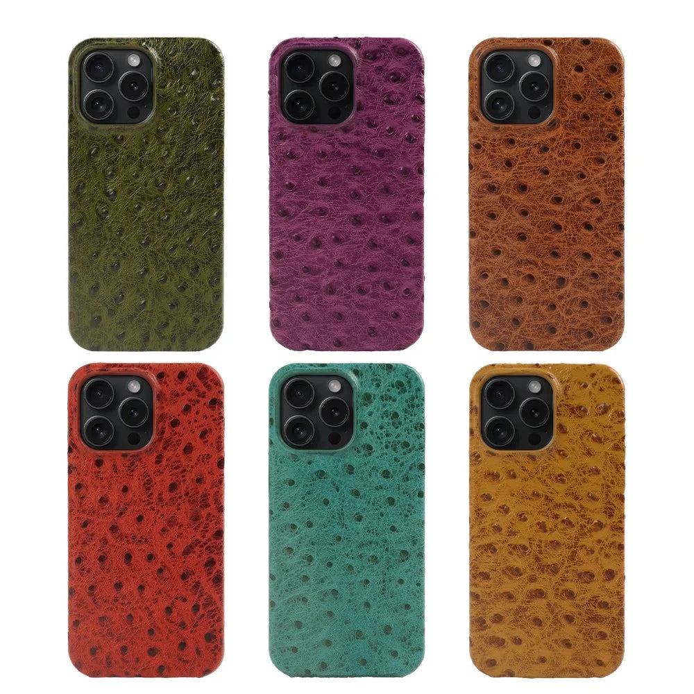 Capa de iPhone em couro genuíno de avestruz 14/15/16/17 — Proteção contra impactos