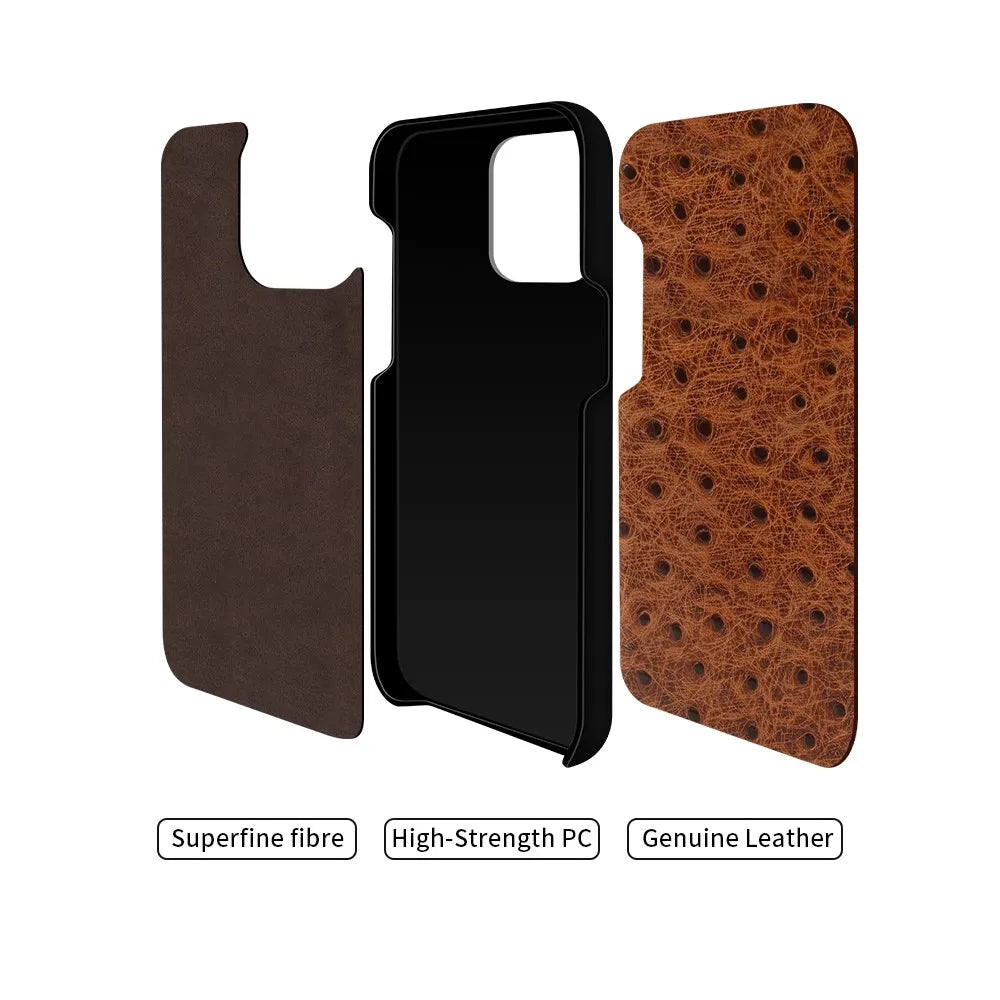 Capa de iPhone em couro genuíno de avestruz 14/15/16/17 — Proteção contra impactos