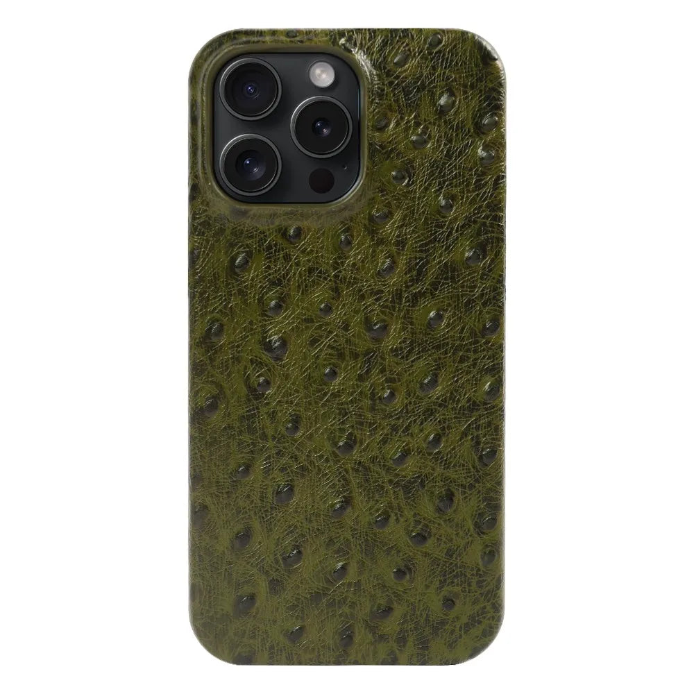 Capa de iPhone em couro genuíno de avestruz 14/15/16/17 — Proteção contra impactos