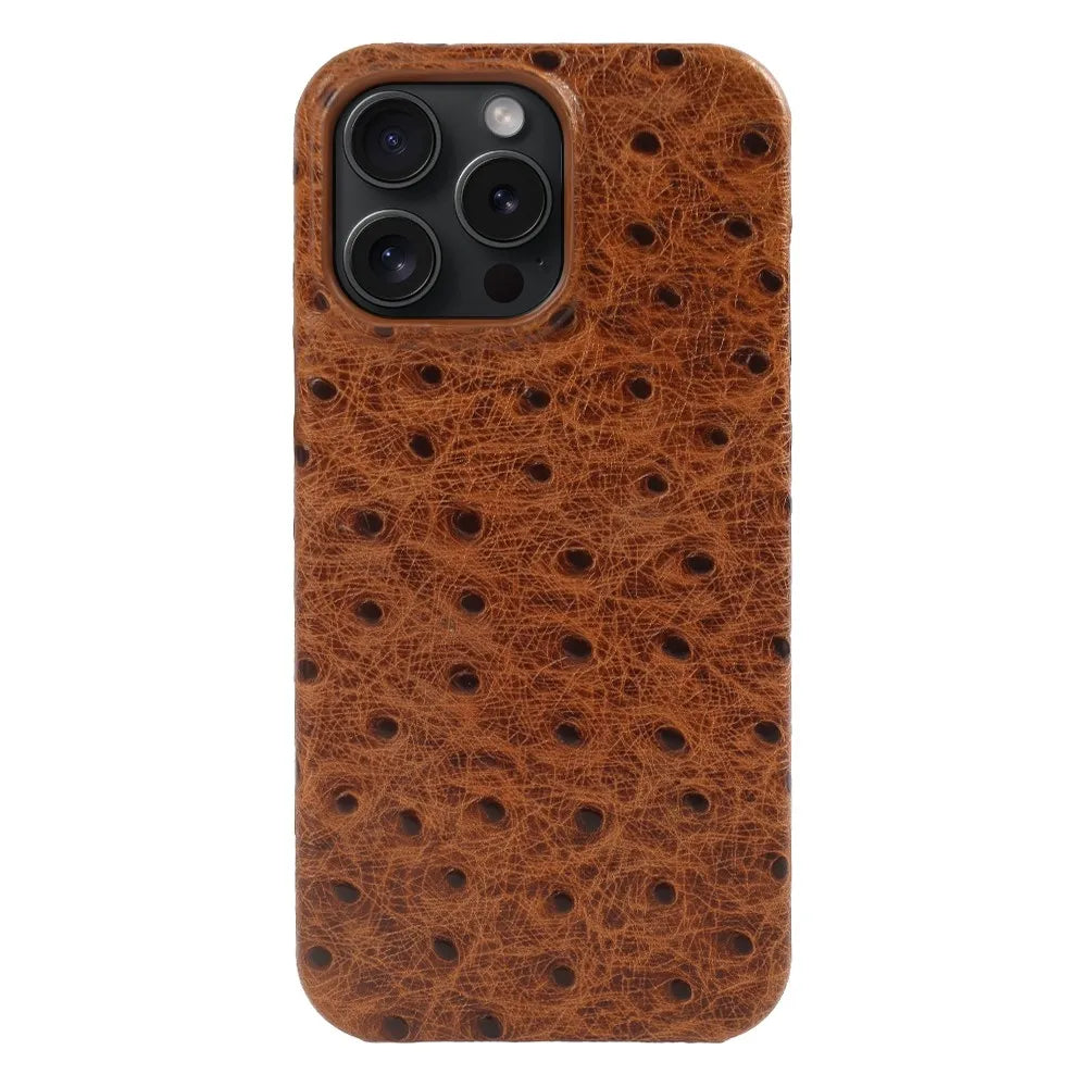 Capa de iPhone em couro genuíno de avestruz 14/15/16/17 — Proteção contra impactos