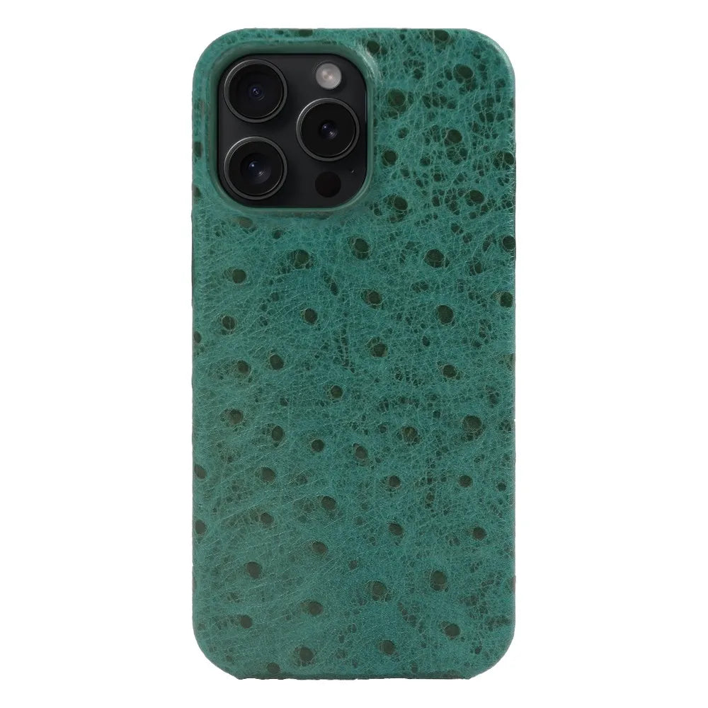 Capa de iPhone em couro genuíno de avestruz 14/15/16/17 — Proteção contra impactos