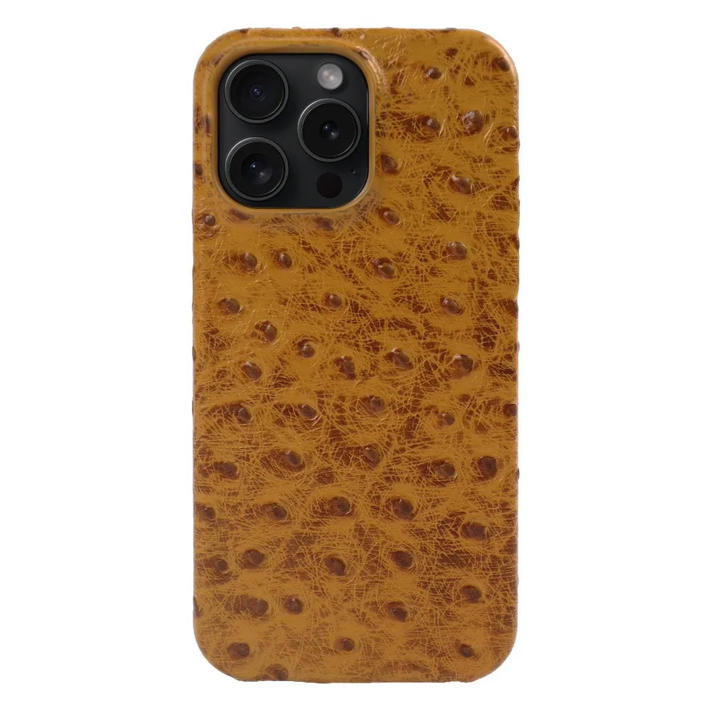 Capa de iPhone em couro genuíno de avestruz 14/15/16/17 — Proteção contra impactos