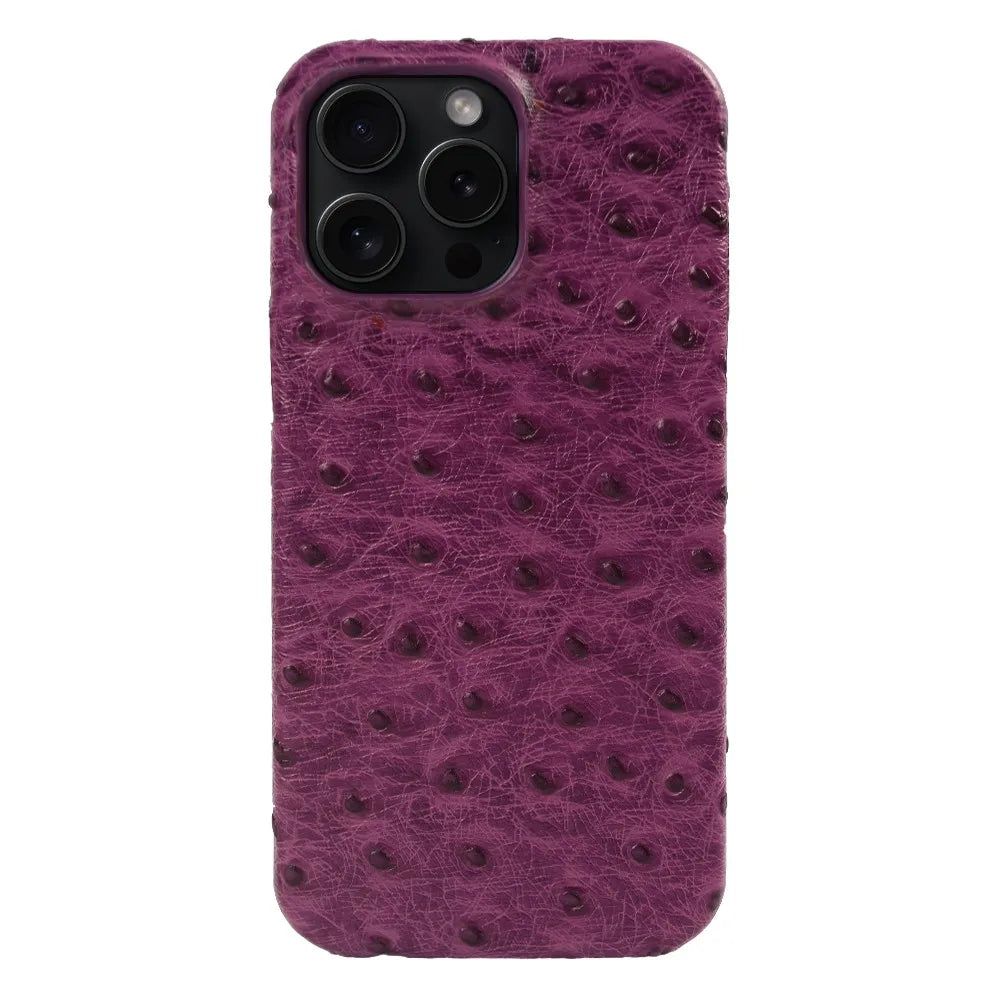 Capa de iPhone em couro genuíno de avestruz 14/15/16/17 — Proteção contra impactos